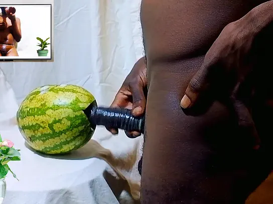 Intense pussy play with sweet watermelons: A solo teen's wet pussy pounding and sharing with a female friend.